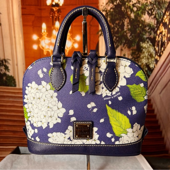 Dooney & Bourke Handbags - Dooney & Bourke Hydrangea Monogram Bitsy Bag in white and marine blue